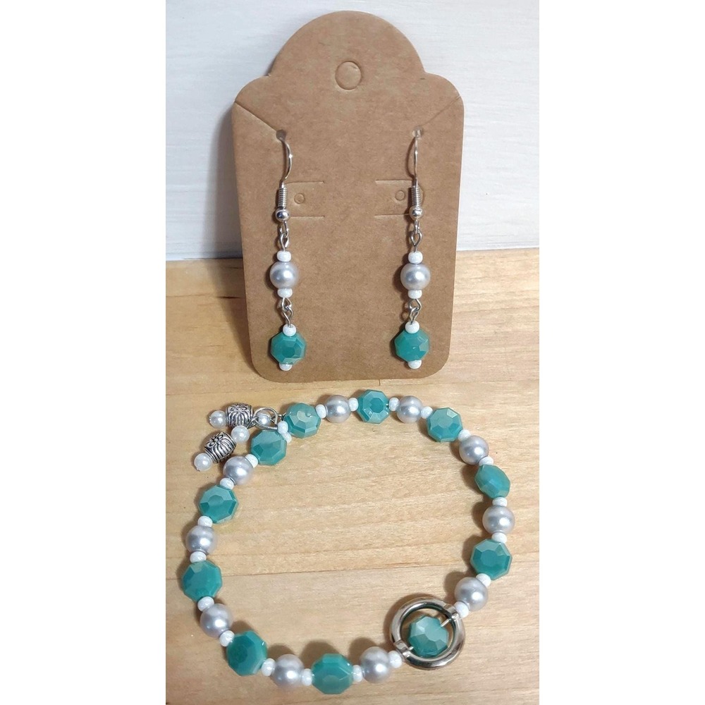 Geometric Beaded Jewelry Set Aqua and Pearl Bracelet & Dangle Earrings